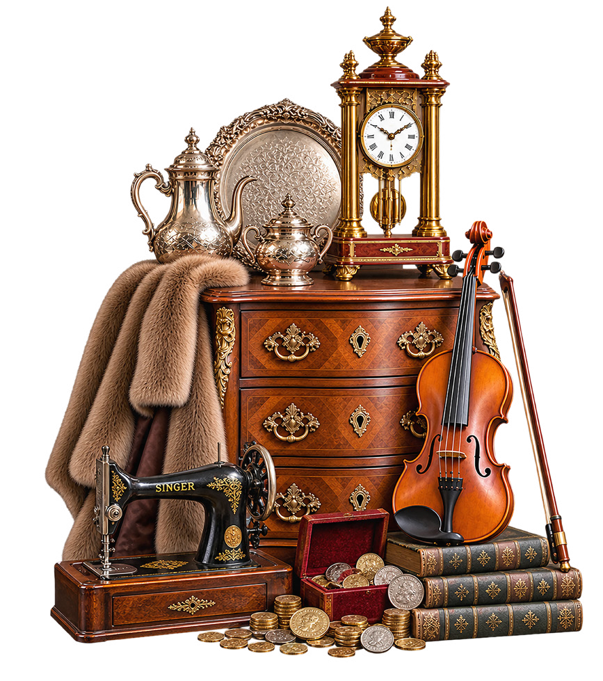 Sélection d'antiquités : pendule, argenterie, commode, manteau de fourrure, machine à coudre, violon, livres et pièces de monnaie
