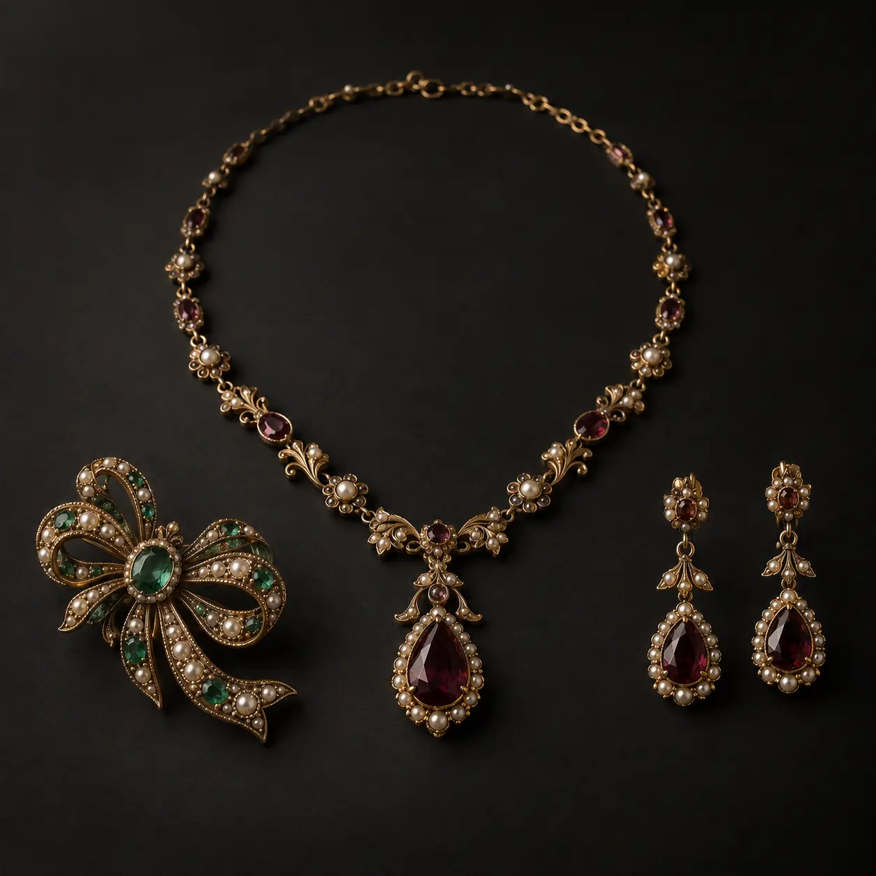 Broche, collier et boucles d’oreilles fantaisie anciennes